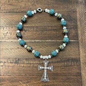 Turquoise and Brown Beaded Necklace with Cross Pendant
